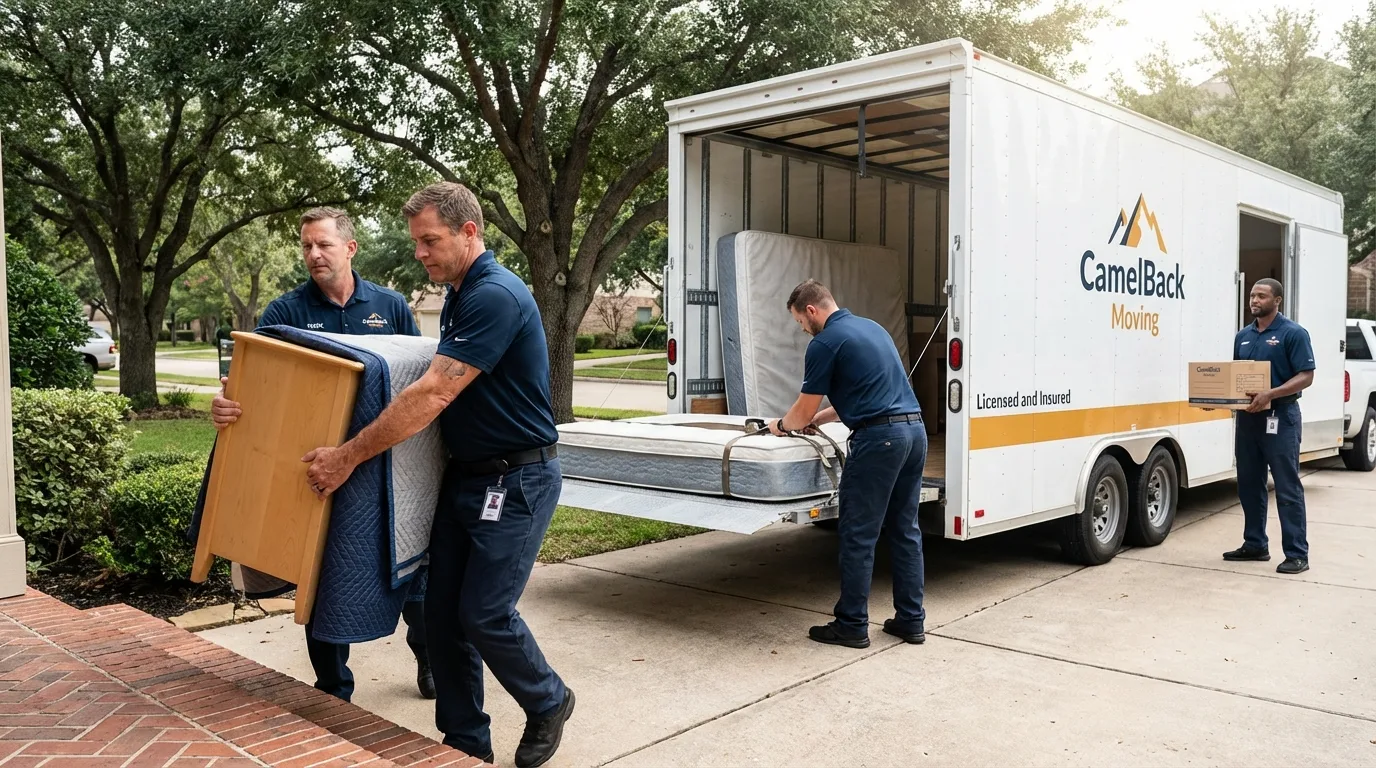 Crew loading residential truck for cross-state move from Medford, MN