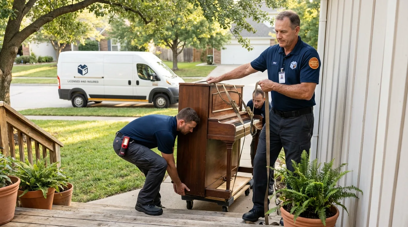 Licensed piano movers securing grand piano in Medford, MN
