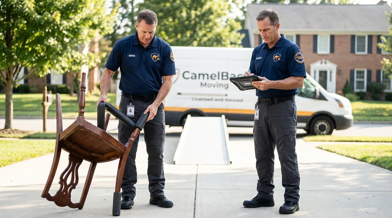 Movers inspecting furniture for damage prevention before loading in Medford, MN