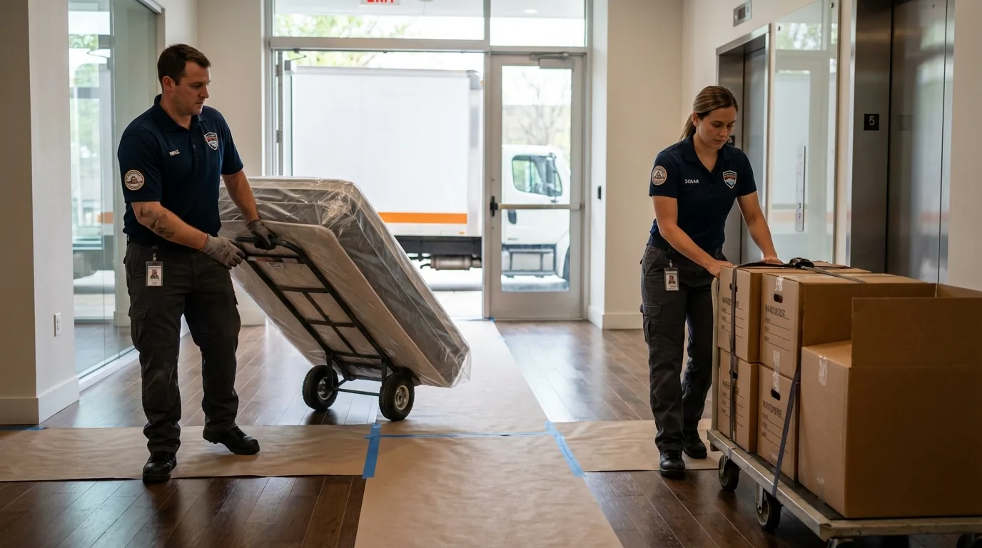 Professional apartment movers loading elevator in Medford, MN