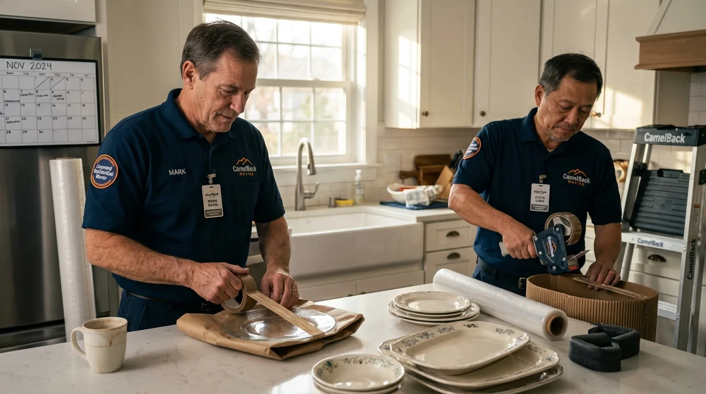 Professional crew packing kitchen dishware in Medford, MN
